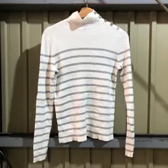 1447 LAULEN RALPH LAUREN セーター ホワイト シルバー M  タートルネック ニット コットン ボーダー柄 古着卸 アメリカ仕入