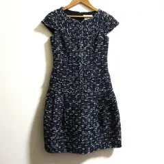 美品 Rene ルネ TISSUE生地 フレンチスリーブ ツイードワンピース サイズ32 ネイビー レディース 古着 中古 USED