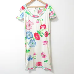 LEONARD PARIS レオナール フラワープリント 半袖 ひざ丈 ワンピース サイズ38 オフホワイト マルチカラー レディース 古着 中古 USED