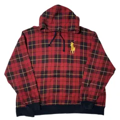 ポロラルフローレン  金 ポニー刺繍 ロゴ タータンチェック柄 赤 黒 プルオーバー フーディ パーカー 3XL オーバーサイズ ビッグシルエット スウェット レディース ユニセックス メンズ 古着 長袖