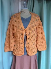 1625.LOWRYS FARMオレンジ 透かし編み カーディガン F☆