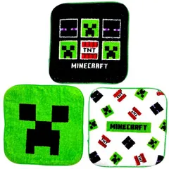 F8468YB キャラクター ミニタオル 3枚セット  マインクラフト （ 約16ｃm角 )（ ブラック・グリーン・オフ系 ) マイクラ タオル ミニタオル