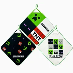 F8628YB キャラクター ループ付きタオル 3枚セット  マインクラフト （ 約27ｃm角 )（ カラフル・ブラック・オフ系 )  マイクラ タオル ひも付きタオル