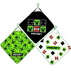 F8469YB キャラクター ループ付きタオル 3枚セット  マインクラフト （ 約27ｃm角 )（ ブラック・グリーン・オフ系 ) マイクラ タオル ひも付きタオル