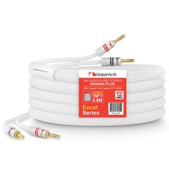 Brand New Nakamichi Excel Series 24k Gold Plated Banana Plugs and (15ft) Speaker Cable Wire, 99.9% Oxygen-Free Copper (OFC) Heavy Duty Braided for Amplifier Hi-Fi Home Theater - White (12AWG / 15ft /