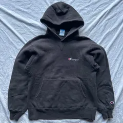 Champion チャンピオン 短丈 刺繍スクリプトロゴ パーカー ブラック M エルサルバドル製 スモールロゴ フーディー 古着 メンズ レディース