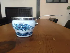 昭和レトロ ホーロー片手鍋 花柄 青白 小型 古道具