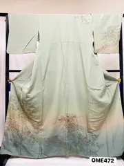 【着物】訪問着　付け下げ　袷　正絹　薄緑　刺繍　グラデーション　草花柄　着物　和装　OME472