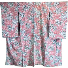 オープニングセール！アンティーク　夏着物　絽　材料用　ブルーグレー地に撫子