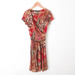 新品同様 RALPH LAUREN ローレンラルフローレン ペイズリー柄 総柄 ストレッチ カシュクール ひざ丈 フレアワンピース PXS レッド系 レディース 古着 中古 USED