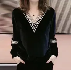 【ブラック】レディース トップス Vネック 刺繍 長袖 ゆったり 体型カバー 春秋冬 きれいめ 大人カジュアル