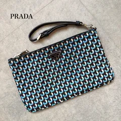 PRADA プラダ 三角ロゴプレート 幾何学模様 クラッチバッグ ポーチ ブルー ナイロン レザー トライアングルロゴ　a8