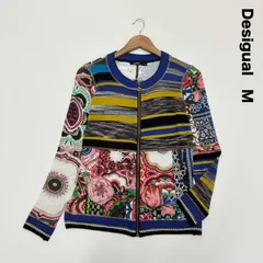 Desigual デシグアル☆ニット×カットソー切り替えジップアップカーディガン M ブルー系 花柄 ボーダー ラメ