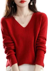 Lopis ニット レディース Vネック セーター 長袖 トップス 上品 リブ きれいめ 婦人服 お洒落 可愛い エレガント 着心地 小顔効果 (レッド,  S)