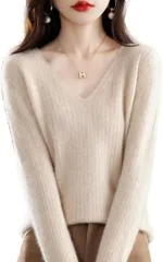 Lopis ニット レディース Vネック セーター 長袖 トップス 上品 リブ きれいめ 婦人服 お洒落 可愛い エレガント 着心地 小顔効果 (オフホワイト,  XL)