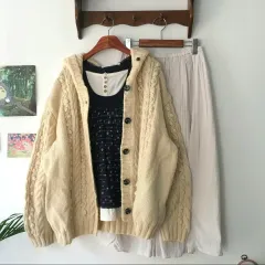 着用画像 ヴィンテージ森ガール コーディネートセット アイボリー フードニットカーディガン