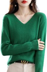 Lopis Women's Knit V-Neck Sweater with Long Sleeves, Elegant Ribbed Top, Stylish, Cute, Elegant, Comfortable, Slimming Effect (Green, 2XL)