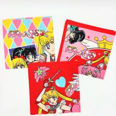 【未使用品】美少女戦士セーラームーン スーパーズ ハンカチ はんかち 綿100% 3枚セット まとめ 当時物 平成 レトロ シール付き 雑貨 アニメ 【送料無料】