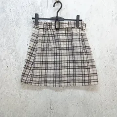 earth music&ecology アースミュージックアンドエコロジー 台形ミニスカート ベルト付 チェック柄 シック系 アイボリー Mサイズ 〇◇