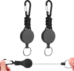 Kanpari リールキーホルダー 2個セット キーリール リールストラップ カラビナ付き 強力 金属ワイヤー 最長約55cm 多機能 超軽量 伸縮性リール式 紛失防止 (ブラック)