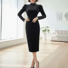 ラグジュアリー ツアーベルベット パフ 袖 レイース ハイネック タイ リボン Long ONE PIECE (S) ー送料無料