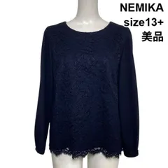 ◇ 美品 ネミカ NEMIKA プルオーバーブラウス シャツ クルーネック ノーカラー レース ネイビー 13+ XL 13号 レディース S6A186のサムネイル
