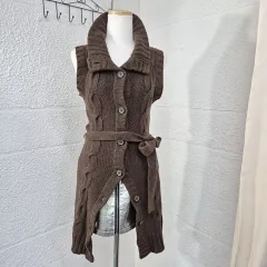 トミーヒルフィガー ブラウン ケーブル ニット ロング ベスト