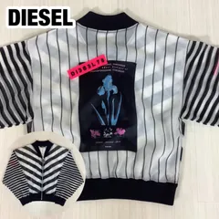 【美品】【ほぼ未使用】DIESEL ディーゼル シースルー メッシュ ボーダーストライプ ボンバージャケット  バッグプリント スリーブロゴ ホワイト&ブラック 着丈52cm 肩幅50cm 身幅(脇下)47.5cm 袖丈53.5cm【古着】