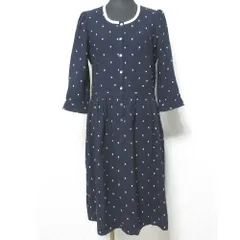 美品 Sally Scott サリースコット ドット柄 刺繍 ウール 七分袖 ひざ丈 フレア ワンピース 9AR ネイビー レディース 古着 中古 USED