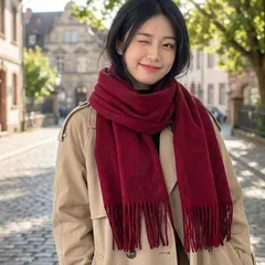 カシミヤタッチ 大判ストール マフラー ワインレッド アクリル＆レーヨン 膝掛け 羽織り 300g 厚手 赤