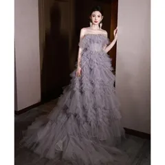 カラードレス ロングドレス プリンセスドレス グレー フリル 結婚式 二次会 発表会 演奏会 ウェディングドレス ウエディングドレス チュー