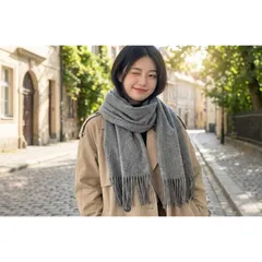 カシミヤタッチ 大判ストール マフラー グレー（灰色) アクリル＆レーヨン 膝掛け 羽織り 300g 厚手