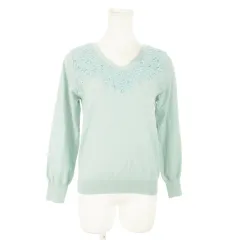 インディヴィ INDIVI ニット セーター Vネック 長袖 切替 レース 刺繍 きれいめ 薄手 38 緑 グリーン /AO8