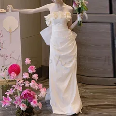 2025新品未使用 ウェディングドレス 花嫁 二次会 ウエディングドレス 結婚式 ロングドレス ライトドレス クリーム オフショルダー フリル 