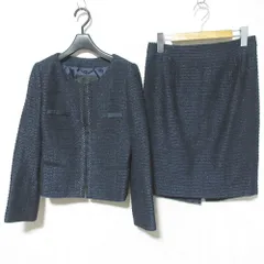美品 UNTITLED アンタイトル ノーカラー ツイードジャケット スカート セットアップ スーツ サイズ1 ネイビー レディース 古着 中古 USED