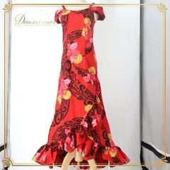 フラダンス 衣装 ワンピース ドレス レッド系 ムームーファクトリー ハワイ製 ハワイアンプリント アロハ T&L MUUMUU FACTORY フラ ダンス レッスン 練習 花柄 植物柄 華やか 鮮やか フリル キャミソール オフショル かわいい