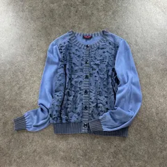 日本製 YUKI TORII ユキトリイ 長袖 ニット カーディガン ノーカラー レース 花柄 ブルー系 レディース