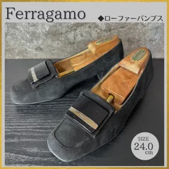 【レザーケア済／清潔に整えたリユース靴】S643 Ferragamo フェラガモ ロゴプレート シルバー金具 スクエアトゥ スエード ローファー パンプス ブラック黒 サイズ7(24-24.5cm)