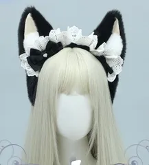 獣耳カチューシャ もこもこ レース リボン付きロリータ  可愛い コスプレ 撮影用 ヘアアクセ ヘッドドレス