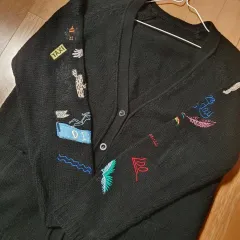 刺繍ニットカーディガン ケーブル編み アシンメトリー タートルネック 66 77 2種