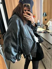 【高級感】フレンチ レトロ 蛋白PUレザー ダウンジャケット フォックスファー襟 マフラー付き レディース bu1