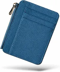 VIVIORA クレジットカードケース 本革 フラグメントケース クレカ マイナンバー スリム カード入れ 財布 名刺入れ パスケース 薄型 ジッパー カードホルダー (ブルー)