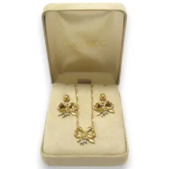 美品 NINA RICCI ニナリッチ リボンモチーフ イヤリング+ネックレス アクセサリー セット ゴールド×シルバー レディース 古着 中古 USED