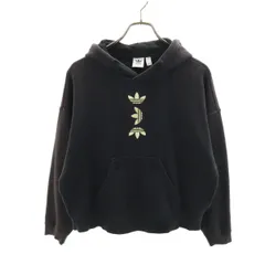 adidas アディダス トレフォイルロゴ刺繍 長袖 スウェットパーカー M ブラック プルオーバー 裏起毛 レディース 古着