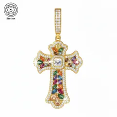 【唯一無二のマルチカラークロス】モアサナイト×S925のクロスペンダント｜十字架ネックレス メンズ レディース マルチカラーストーン ロープチェーン付き moissanite