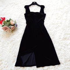 美品　フォクシー　FOXEY　DAISY VELOUR　デイジーベロア　2way　ベロア　ワンピース　ドレス　キャミ　ベアトップ　フレア　スリット　ノースリーブ　ブラック　黒　40　L　結婚式ドレス　お呼ばれ　オケージョン　パーティー　二次会