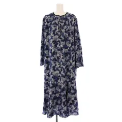 自由区 オンワード樫山 バロックプリントワンピース フレア マキシ ロング 長袖 クルーネック 総柄 38 青 ブルー 紺 ネイビー OPWMSA0311 /BB