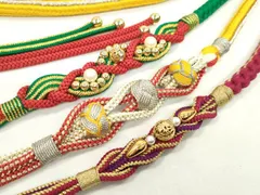 平和屋着物▼和装小物　帯締め３本セット　振袖用　飾り付き　パール　ビジュー　小田巻き　真紅　黄色　緑　金銀糸　逸品　CABC0811ju