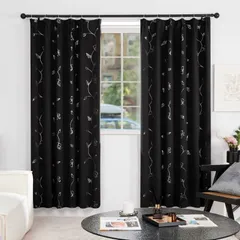 ブラック 幅100cm丈200cm 2枚組 銀箔プリント 昼夜目隠し 省エネ 花柄 1級遮光カーテン Deconovo