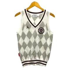 ルコックスポルティフ le coq sportif ベスト Vネック ダイヤ柄 ライン ワンポイントロゴ L 白 ホワイト グレー